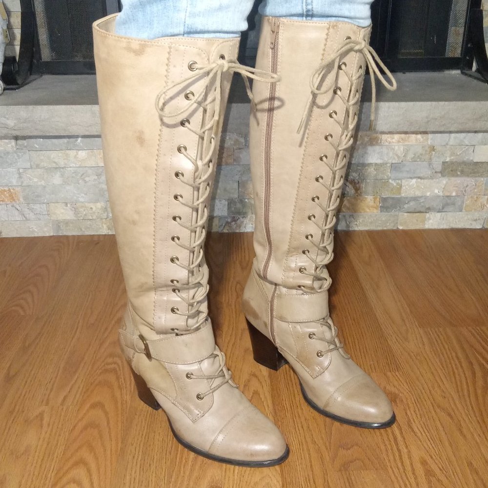 Dirty Laundry Beige Shimmer Lace Up Boots Size 8.5 Zipper medium heel